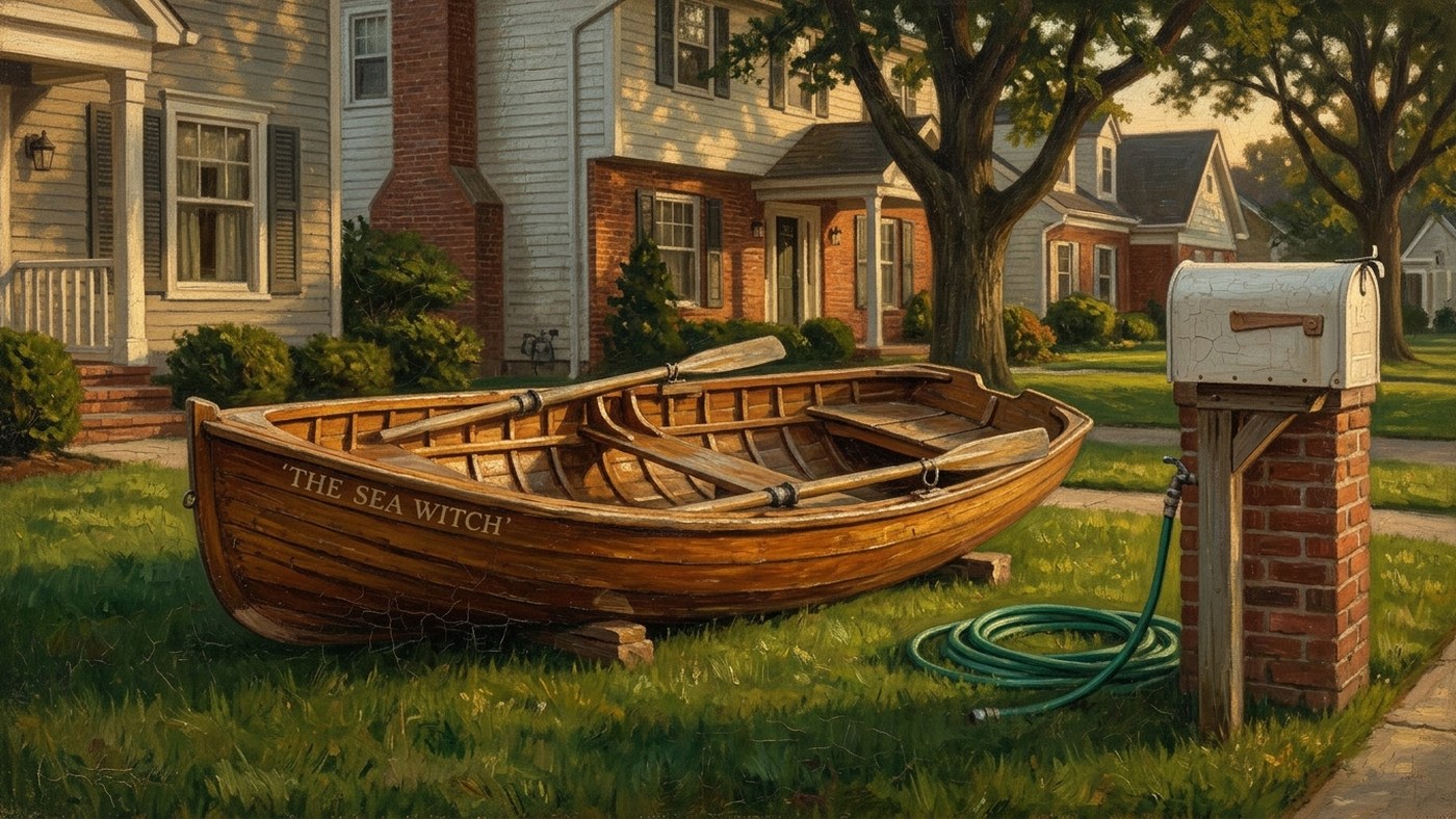 An oil painting of a wooden rowboat resting on a suburban front lawn beside a garden hose and a mailbox.